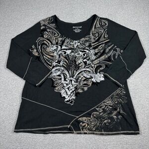 RXB Shirt Women's 1X Black Graphic Rhinestone Cotton Long Sleeve Lightweight